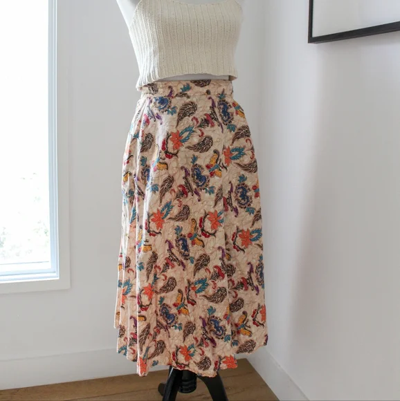 SOLD - Vintage 1970s Tan Paisley and Floral Print Wrap Midi Skirt - Picture 3 of 9